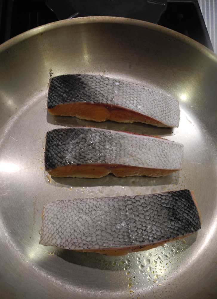 Fillets Cooking Skin-Side Up In Hot No-Oil Pan