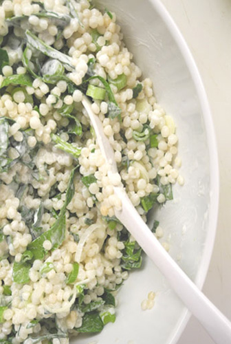 Israeli Couscous Salad With Baby Greens and Spring Onions, and Creamy Lemon-Chive Dressing